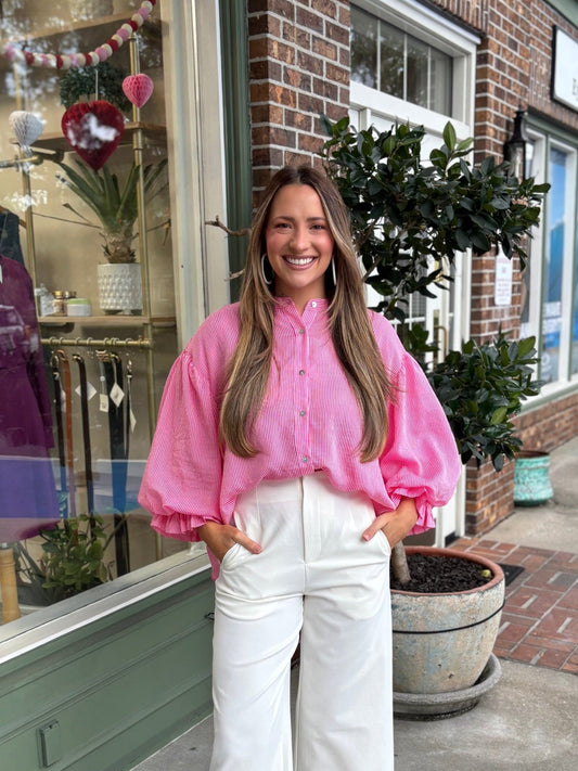 Pinstripe Bubble Sleeve Blouse - Pink - KJ Clothier