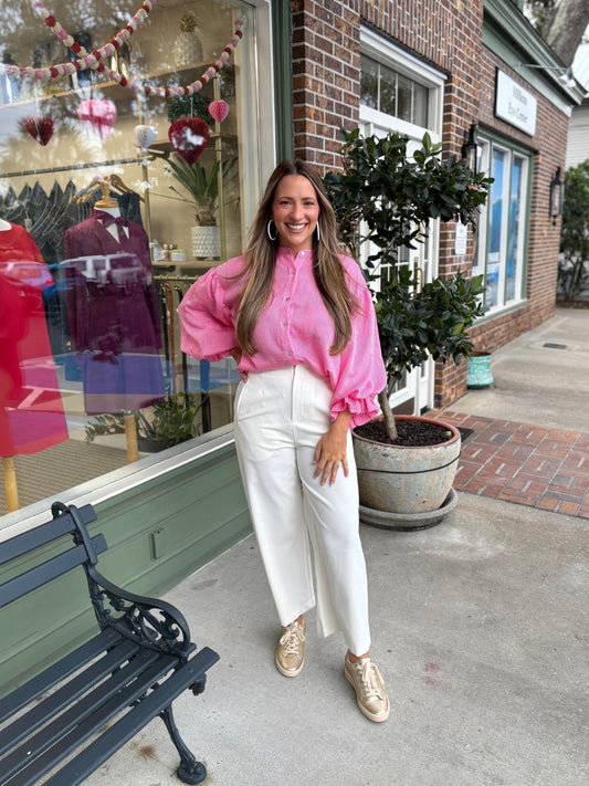 Pinstripe Bubble Sleeve Blouse - Pink - KJ Clothier