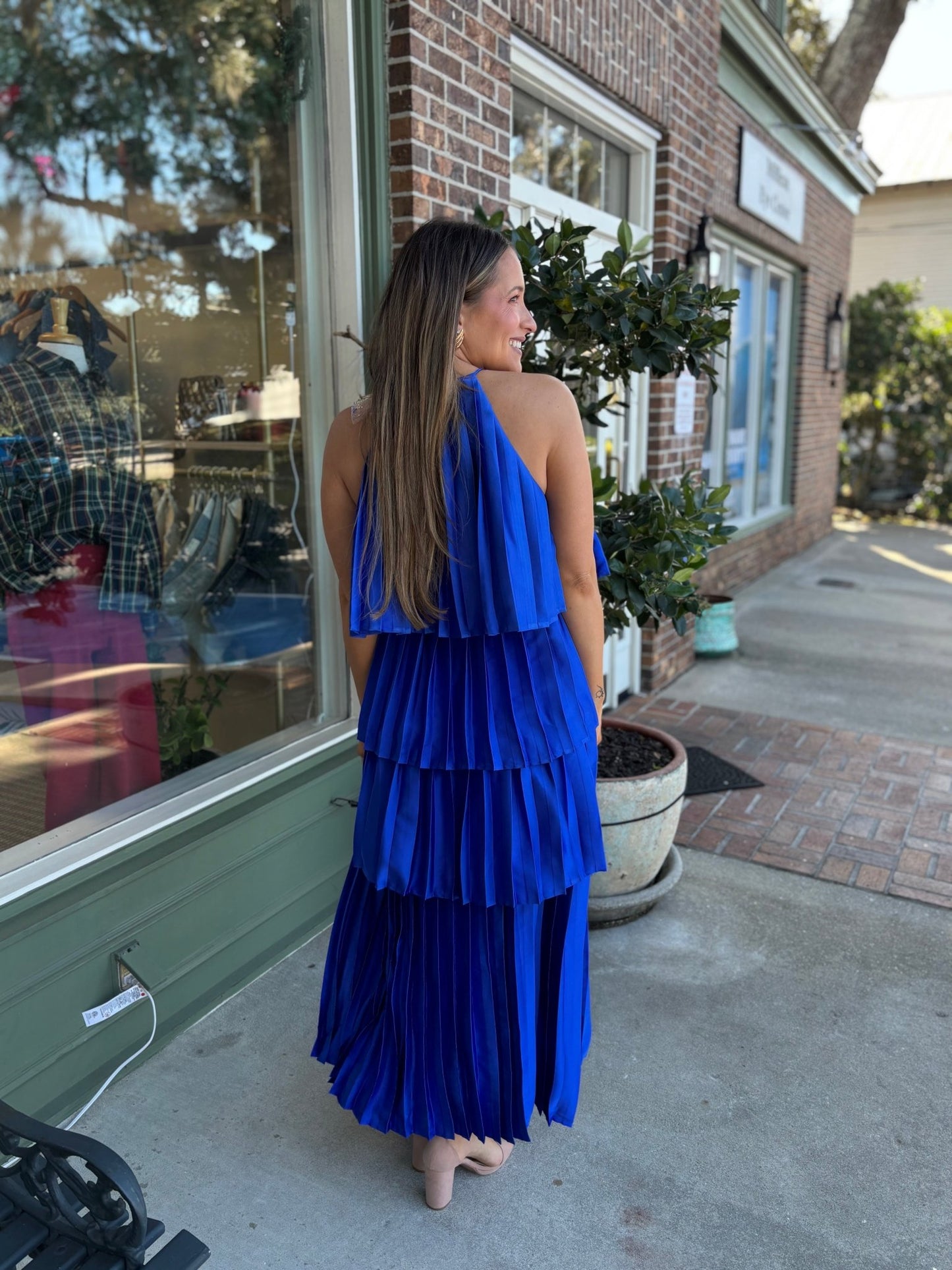 Pleated Satin Tiered Maxi Dress - Royal Blue - KJ Clothier
