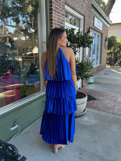 Pleated Satin Tiered Maxi Dress - Royal Blue - KJ Clothier