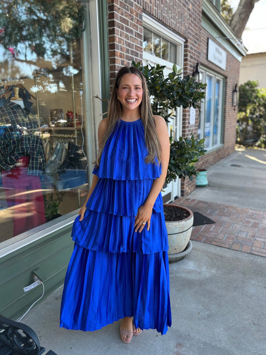 Pleated Satin Tiered Maxi Dress - Royal Blue - KJ Clothier