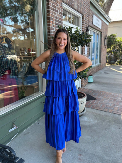 Pleated Satin Tiered Maxi Dress - Royal Blue - KJ Clothier