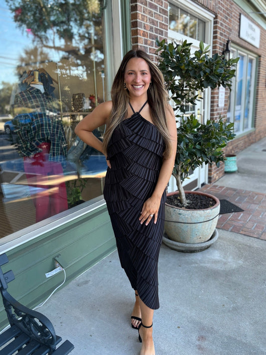 Pleated Satin Tiered Midi Dress - Black - KJ Clothier