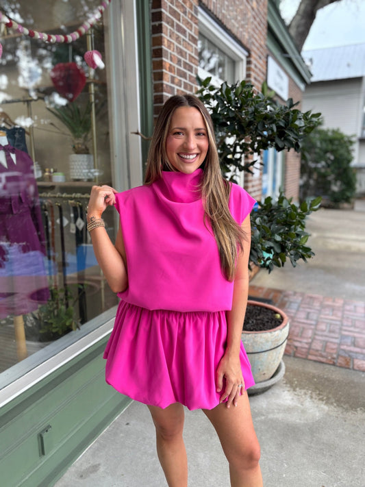PRE - ORDER - Mock Neck Balloon Top - Hot Pink - KJ Clothier