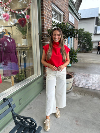 PRE - ORDER - Mock Neck Balloon Top - Red - KJ Clothier