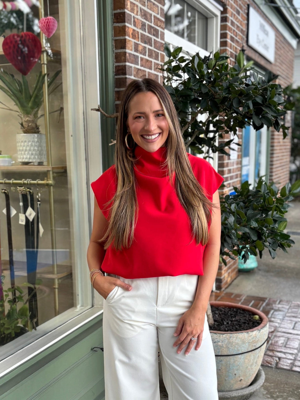 PRE - ORDER - Mock Neck Balloon Top - Red - KJ Clothier