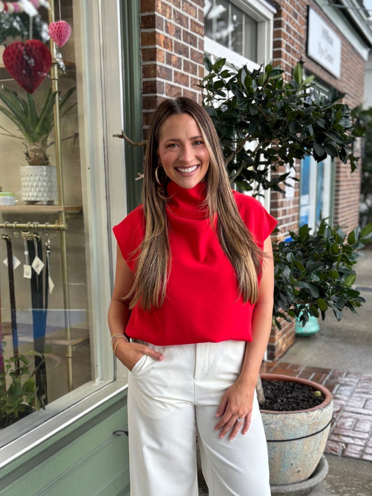 PRE - ORDER - Mock Neck Balloon Top - Red - KJ Clothier