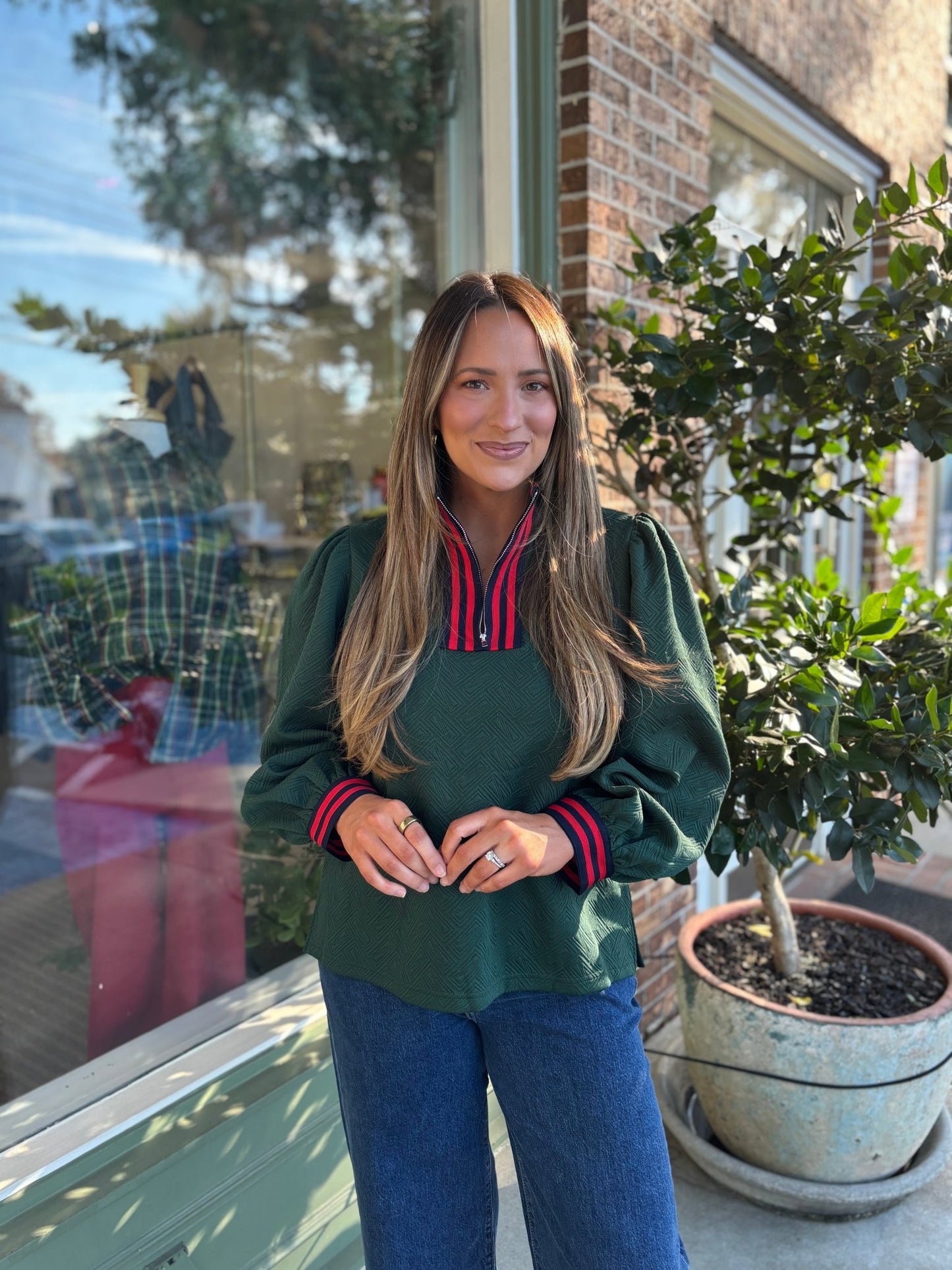 Puff Sleeve Textured Top - Hunter Green - KJ Clothier