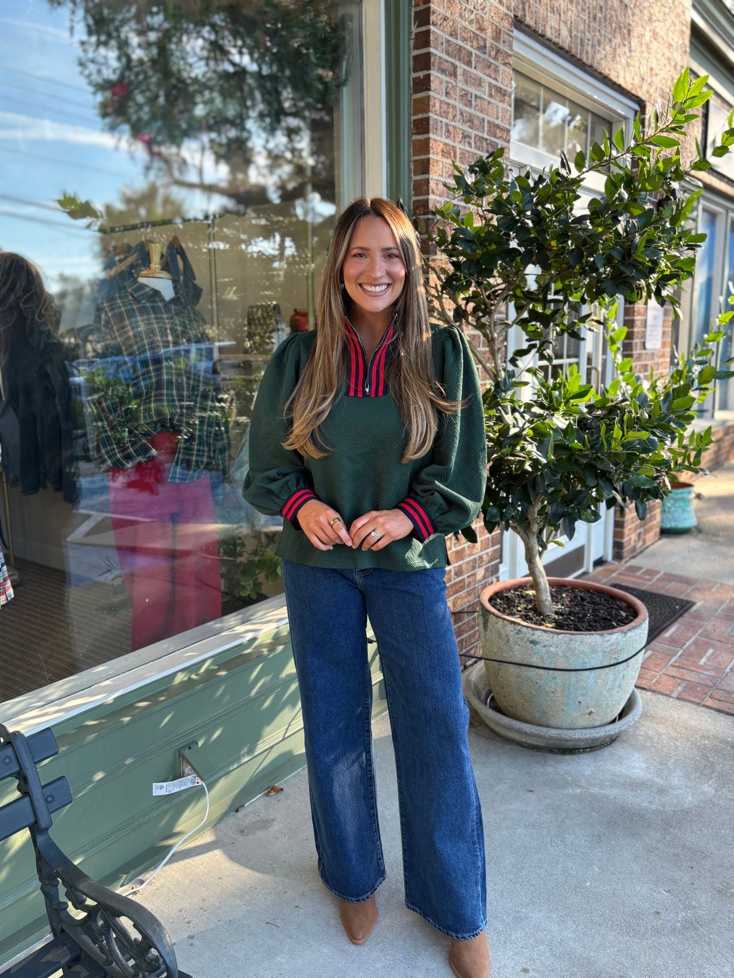 Puff Sleeve Textured Top - Hunter Green - KJ Clothier