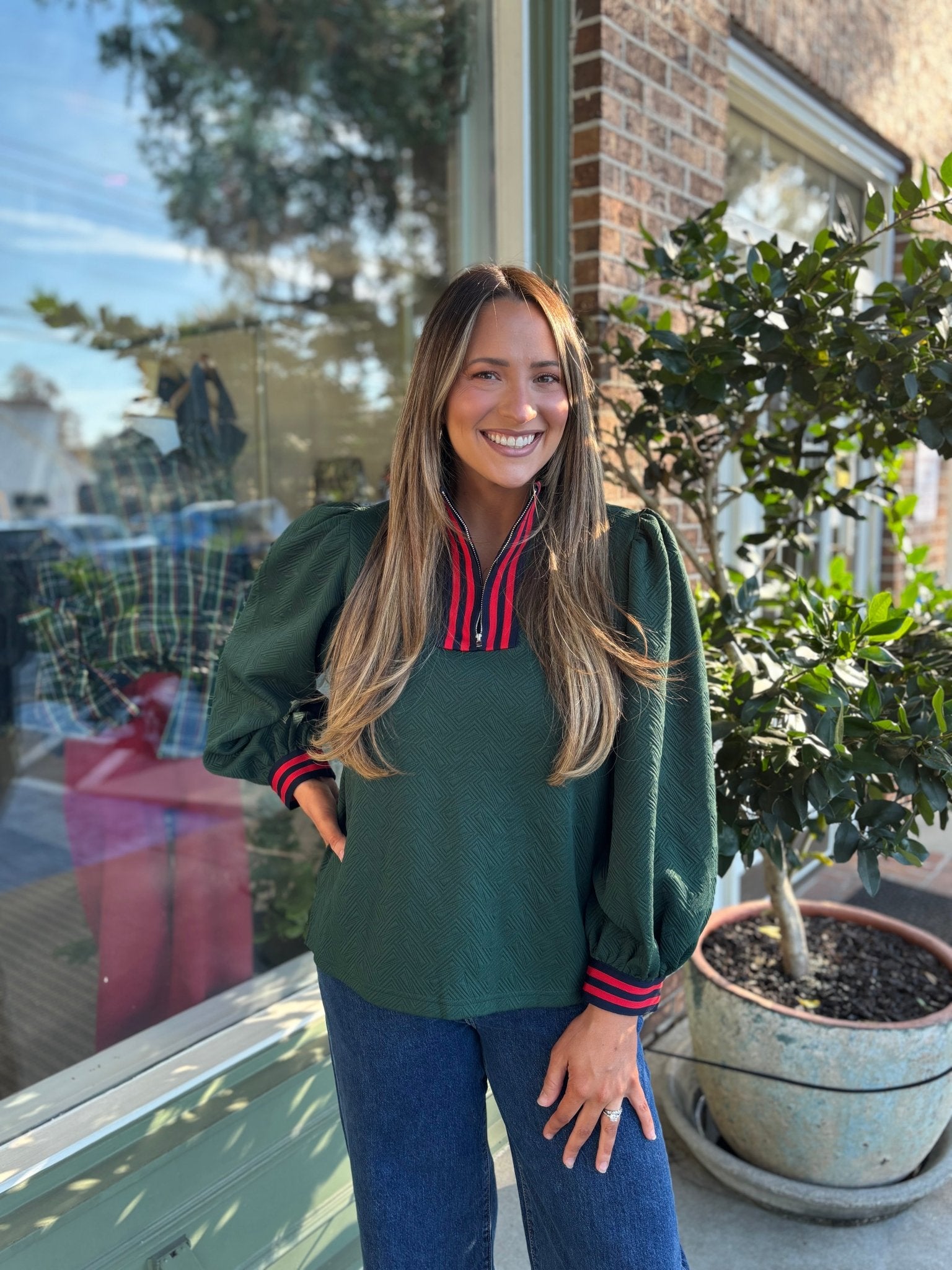 Puff Sleeve Textured Top - Hunter Green - KJ Clothier