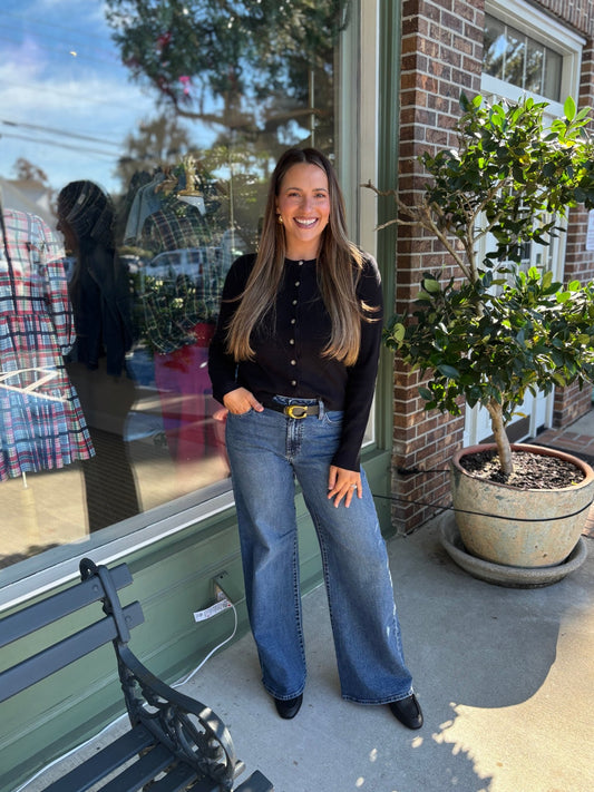 Ribbed Crewneck Cardigan - Black - KJ Clothier