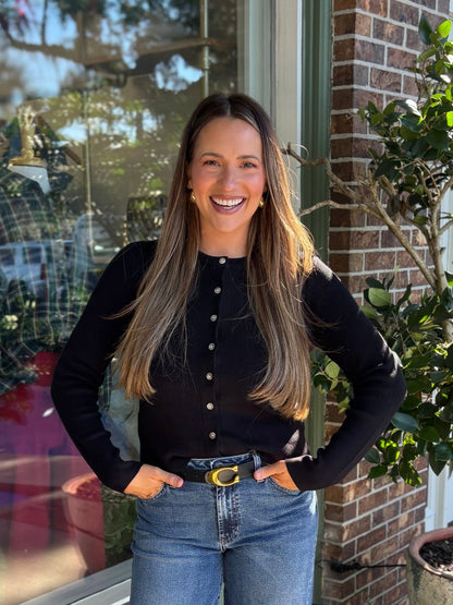 Ribbed Crewneck Cardigan - Black - KJ Clothier