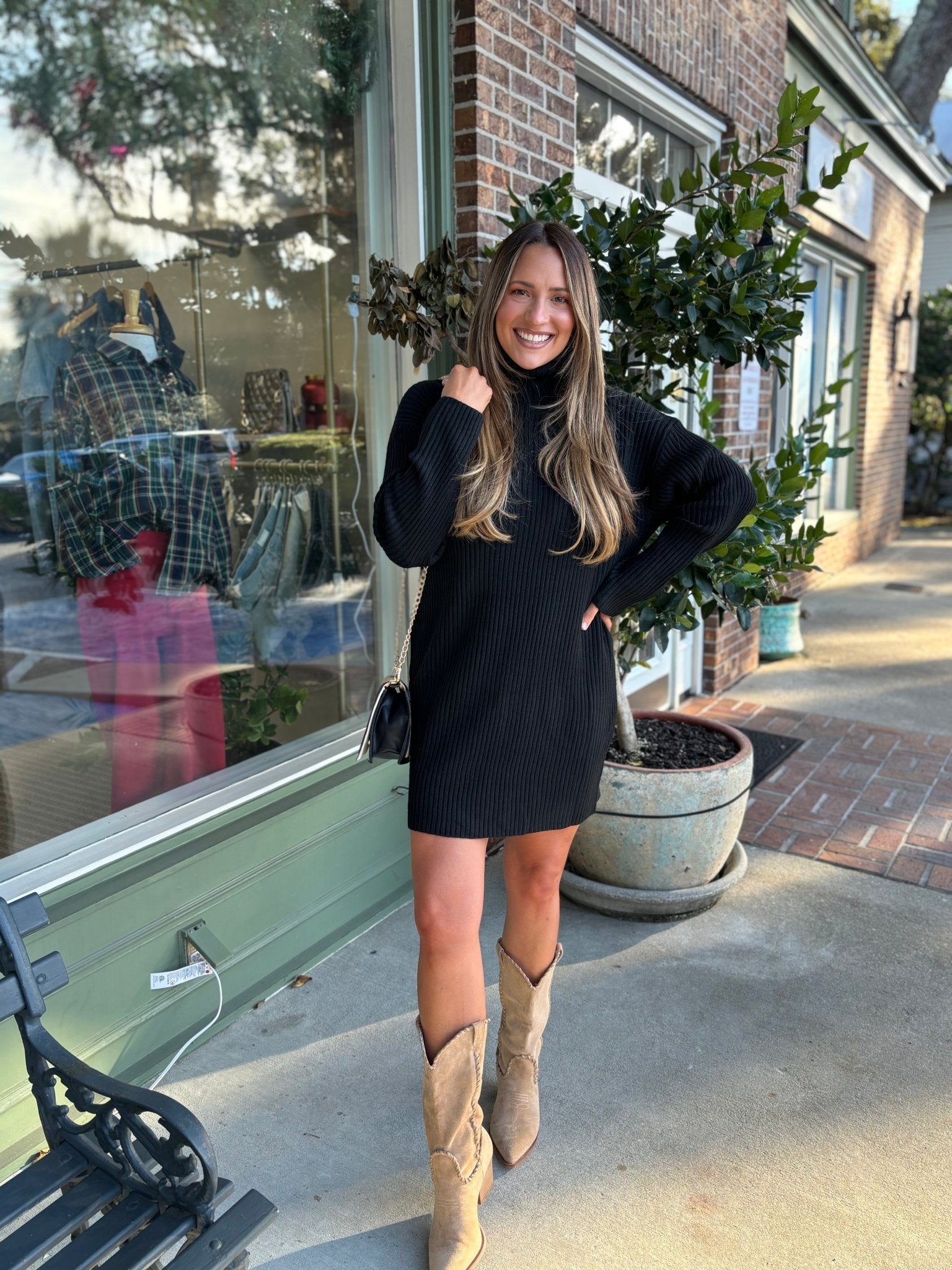 Ribbed Turtle Neck Sweater Dress - Black - KJ Clothier