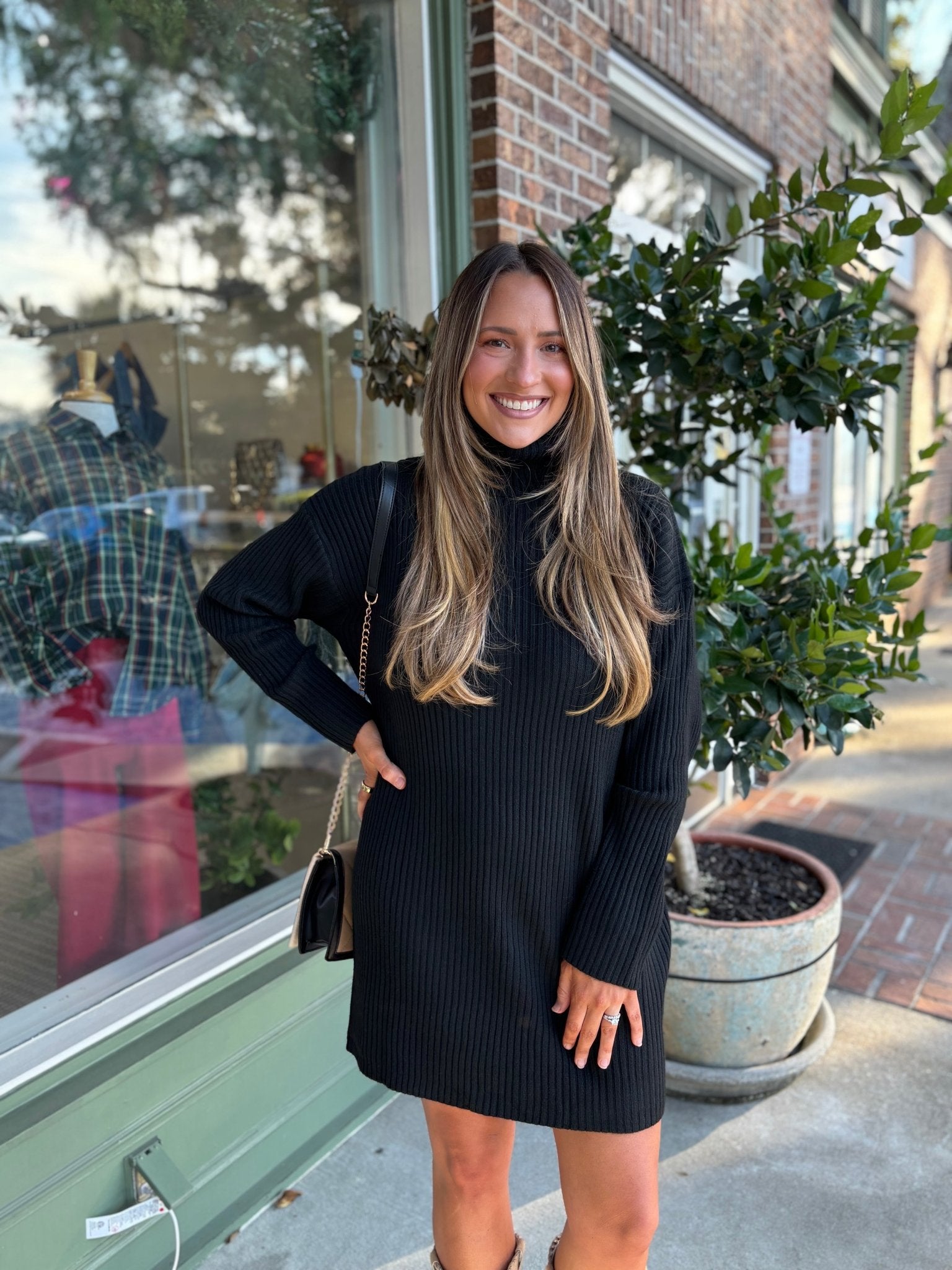 Ribbed Turtle Neck Sweater Dress - Black - KJ Clothier