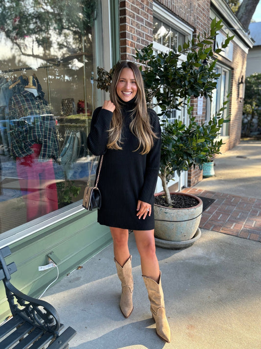 Ribbed Turtle Neck Sweater Dress - Black - KJ Clothier