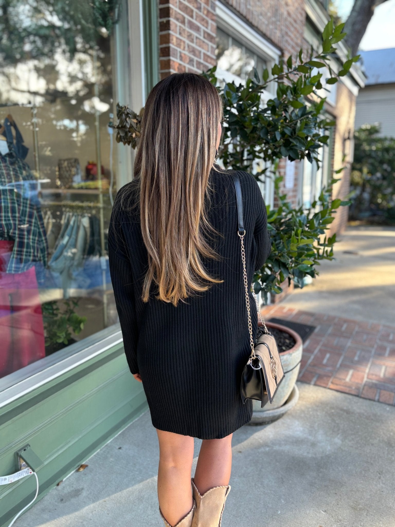 Ribbed Turtle Neck Sweater Dress - Black - KJ Clothier