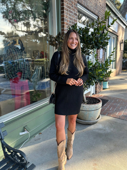 Ribbed Turtle Neck Sweater Dress - Black - KJ Clothier