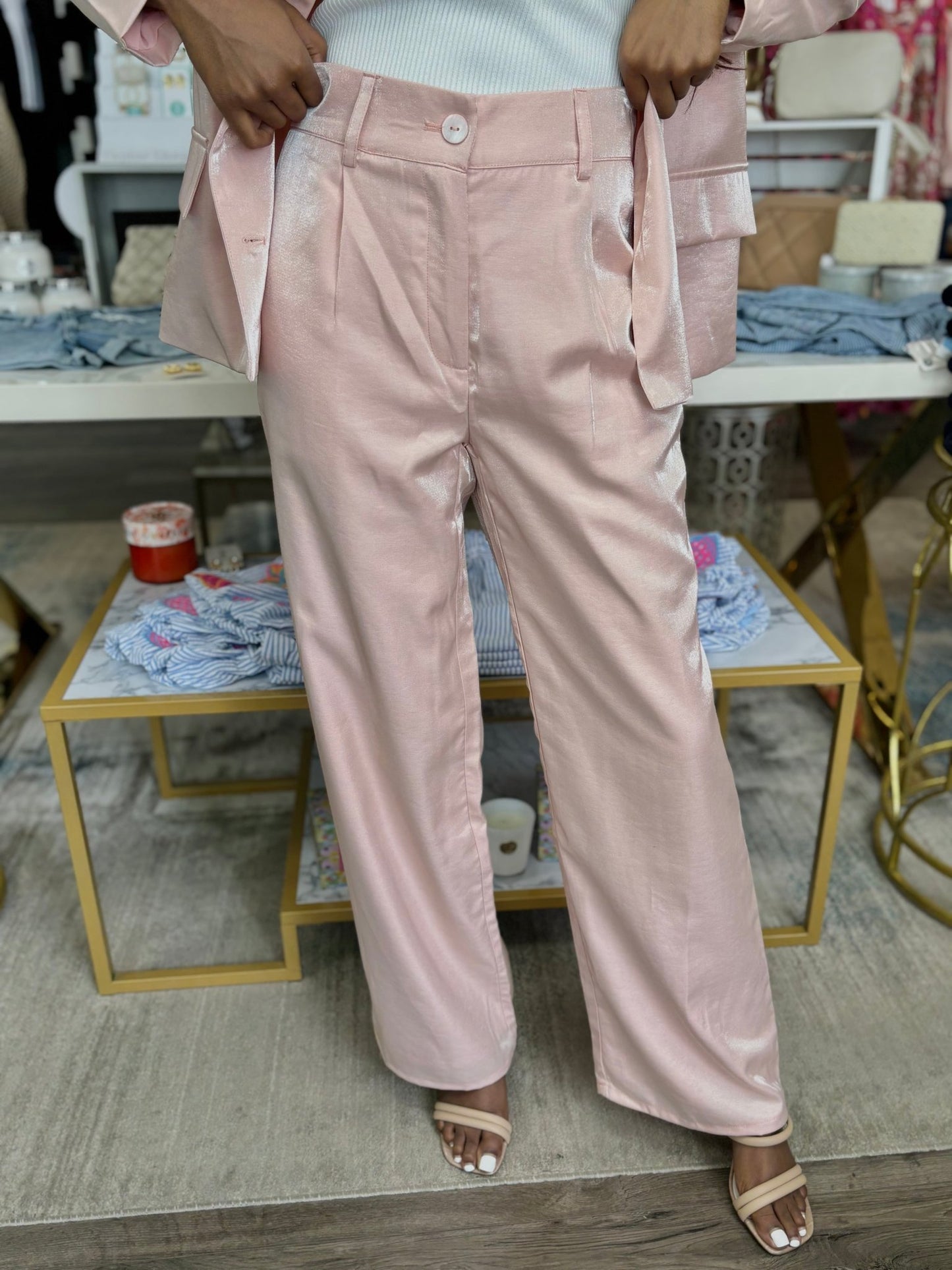 Satin Shimmer Pant - Light Pink - KJ Clothier