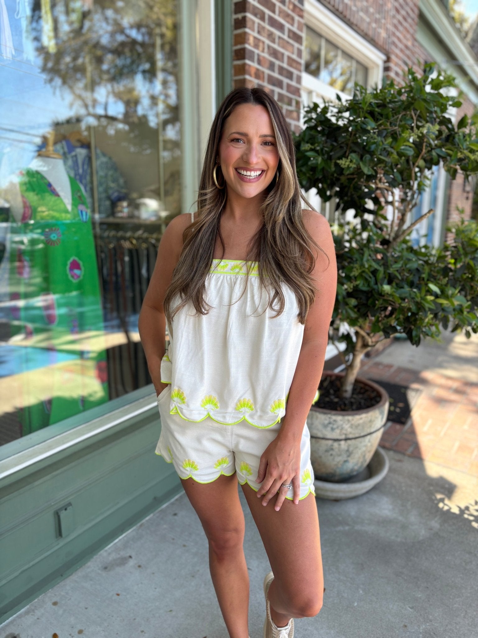 Seashell Embroidery Scalloped Cami Top - Ecru - KJ Clothier