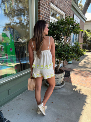 Seashell Embroidery Scalloped Shorts - Ecru - KJ Clothier
