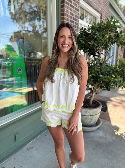 Seashell Embroidery Scalloped Shorts - Ecru - KJ Clothier