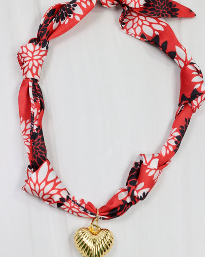 Serafina Scarf Charm Necklace - Black & Red Floral - KJ Clothier