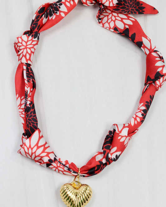 Serafina Scarf Charm Necklace - Black & Red Floral - KJ Clothier
