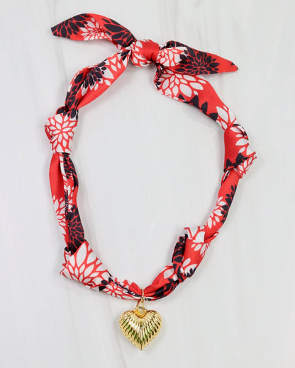 Serafina Scarf Charm Necklace - Black & Red Floral - KJ Clothier