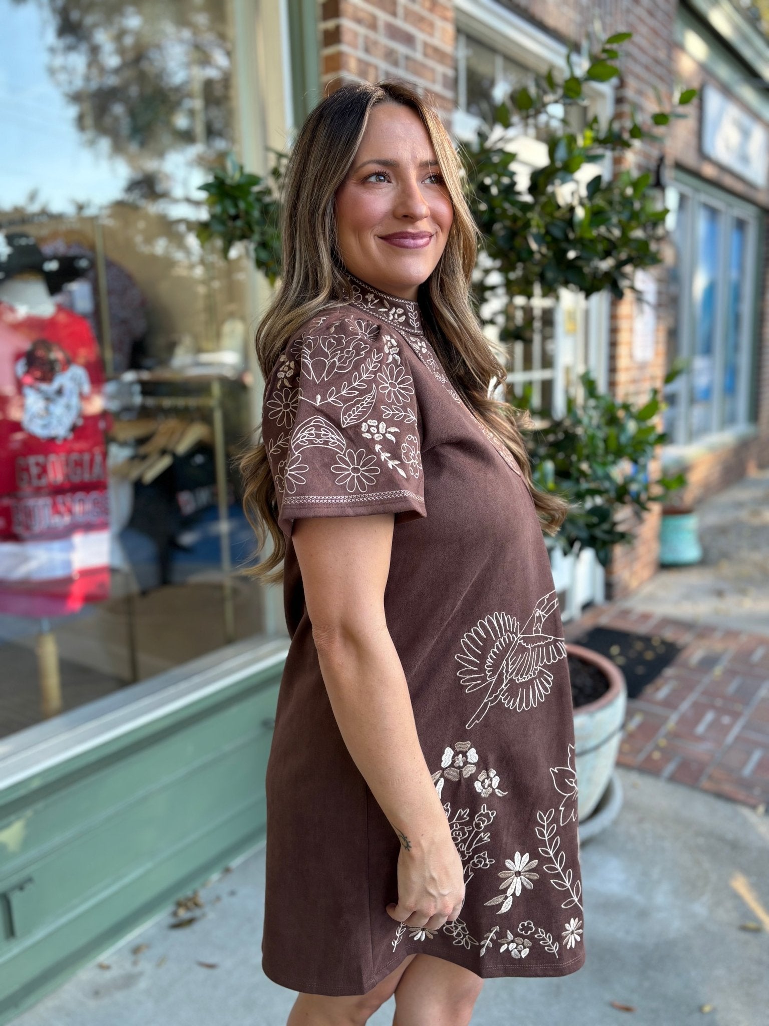 Short Sleeve Embroidered Detail Dress - Brown - KJ Clothier