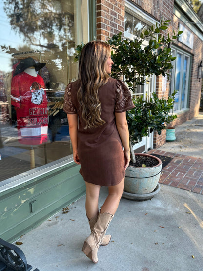 Short Sleeve Embroidered Detail Dress - Brown - KJ Clothier
