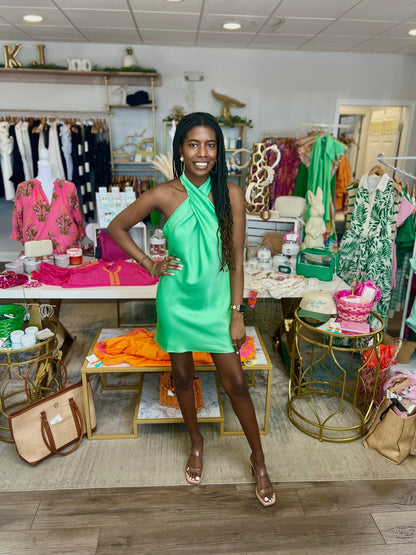 Show Me Your MuMu - Jasmine Tie Mini Dress - Kiwi Luxe Satin - KJ Clothier