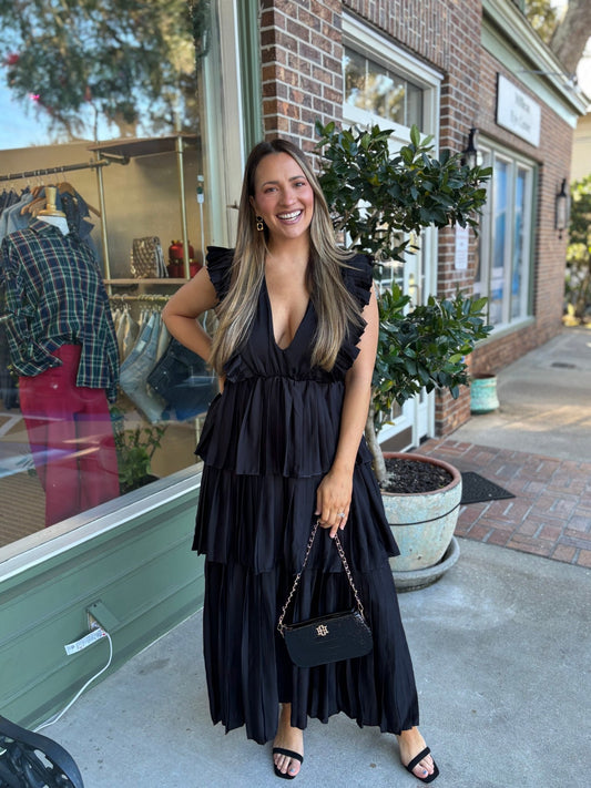 Sleeveless Pleated Layer Maxi Dress - Black - KJ Clothier