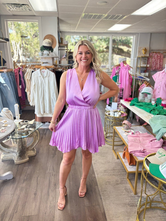 Sleeveless Pleated Satin Dress - Lavender - KJ Clothier