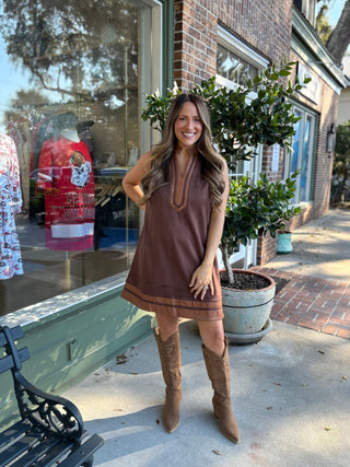 Sleeveless Suede Dress - Brown - KJ Clothier