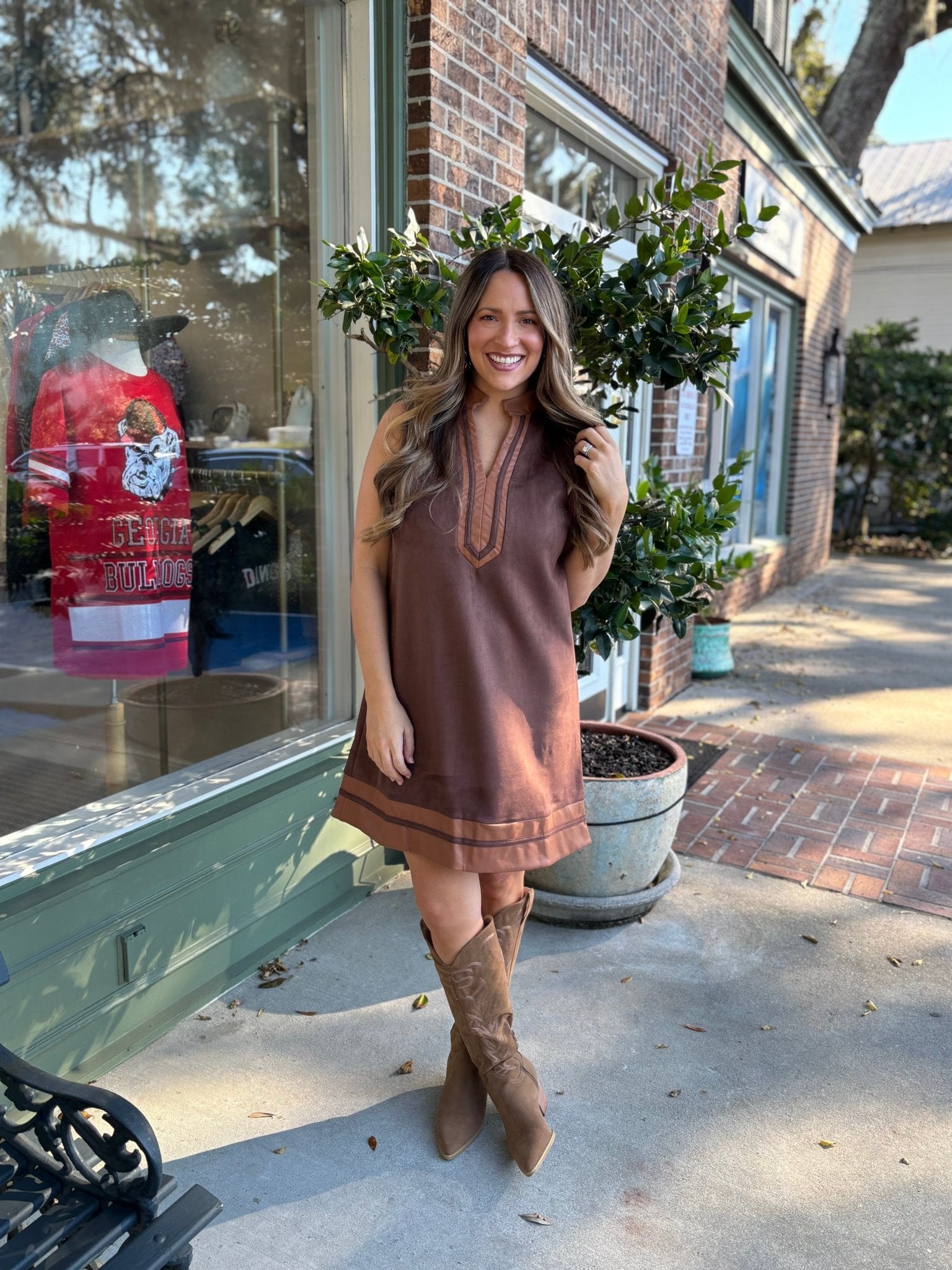 Sleeveless Suede Dress - Brown - KJ Clothier