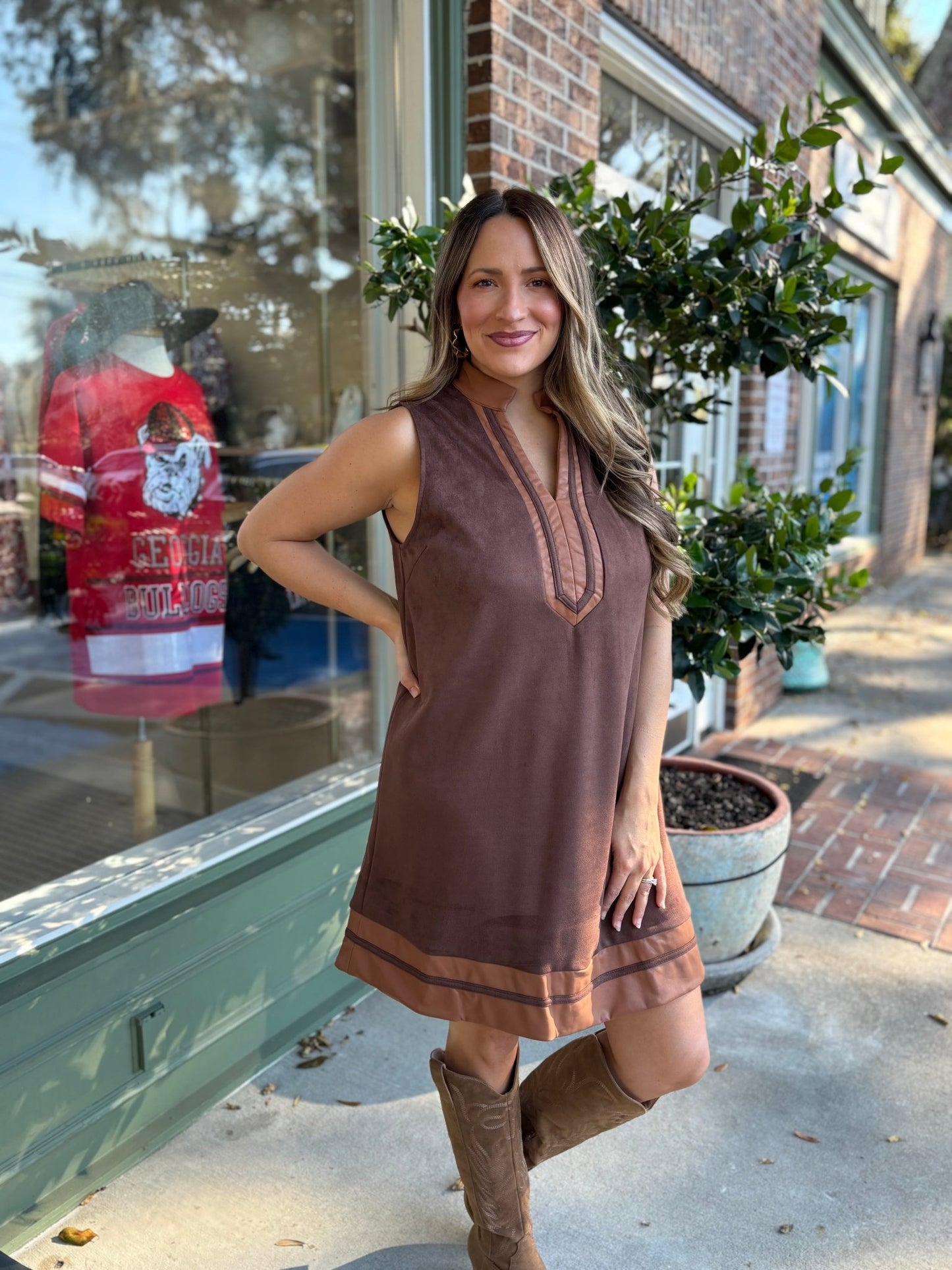Sleeveless Suede Dress - Brown - KJ Clothier
