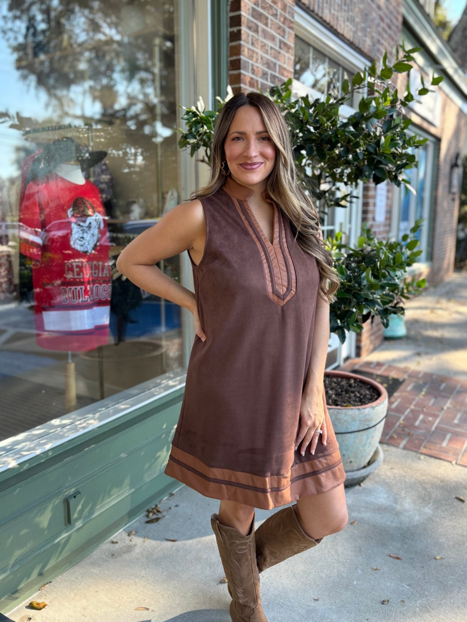 Sleeveless Suede Dress - Brown - KJ Clothier