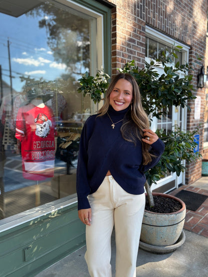 Split Front Sweater - Navy - KJ Clothier