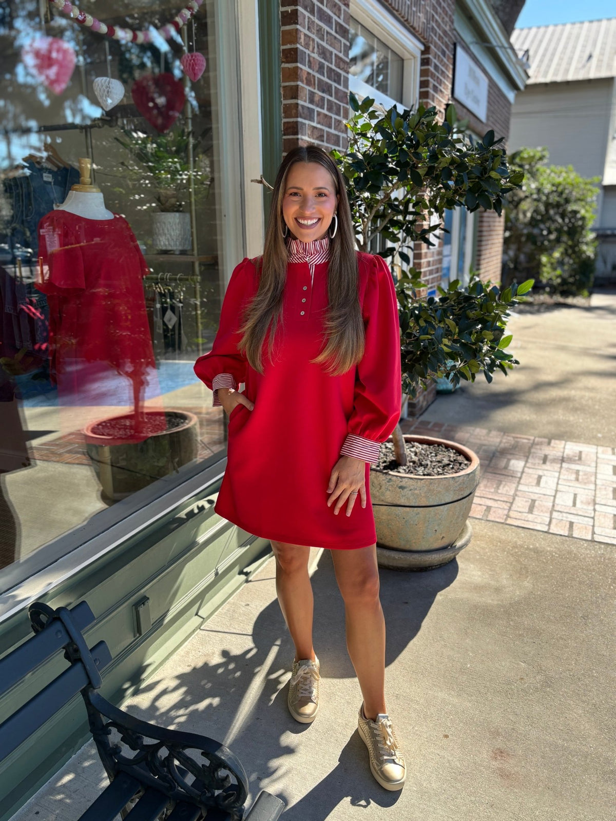 Stripe Solid Shift Dress - Red - KJ Clothier