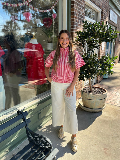 Striped Short Sleeve Button Down Top - Red - KJ Clothier