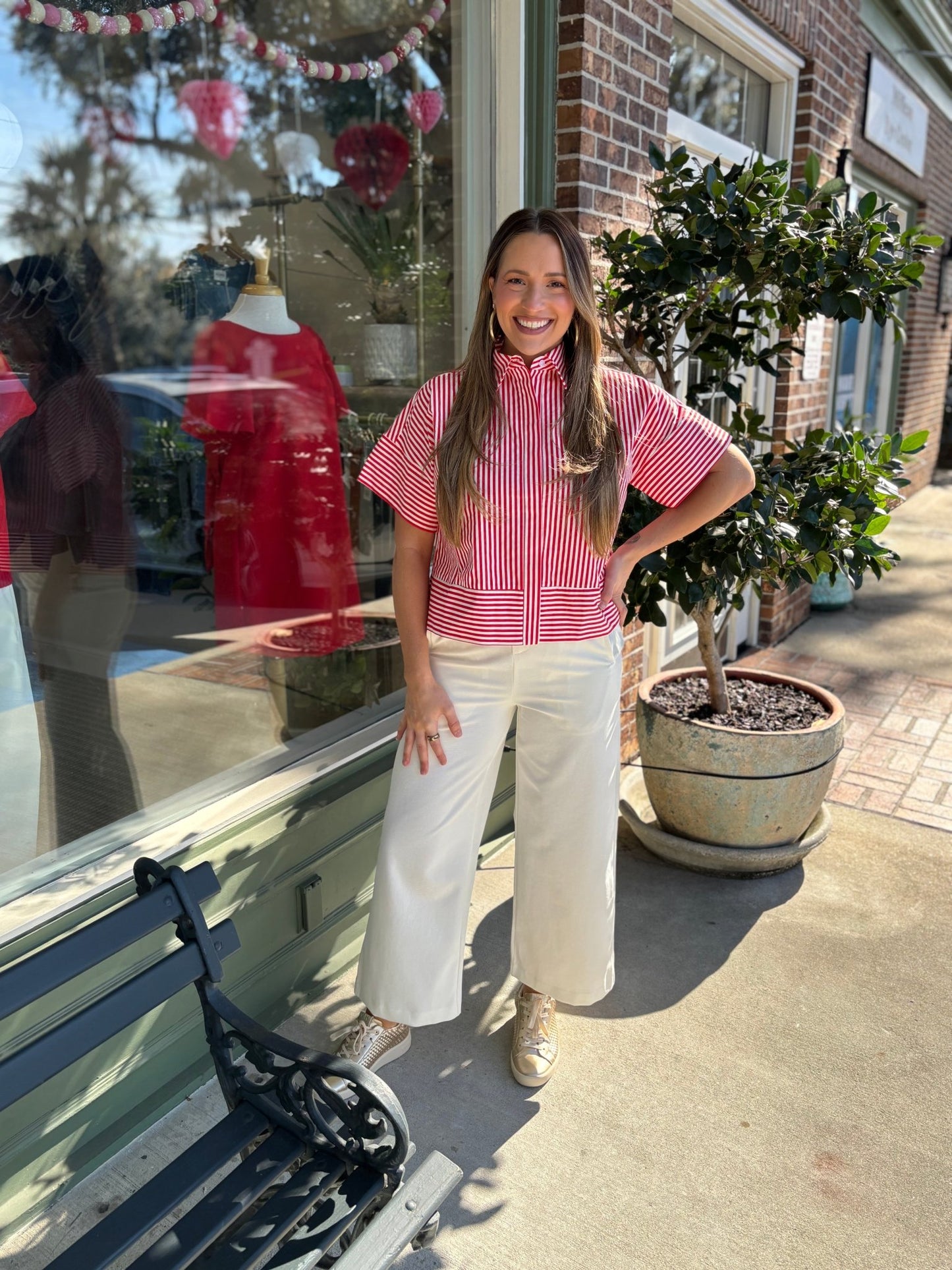 Striped Short Sleeve Button Down Top - Red - KJ Clothier