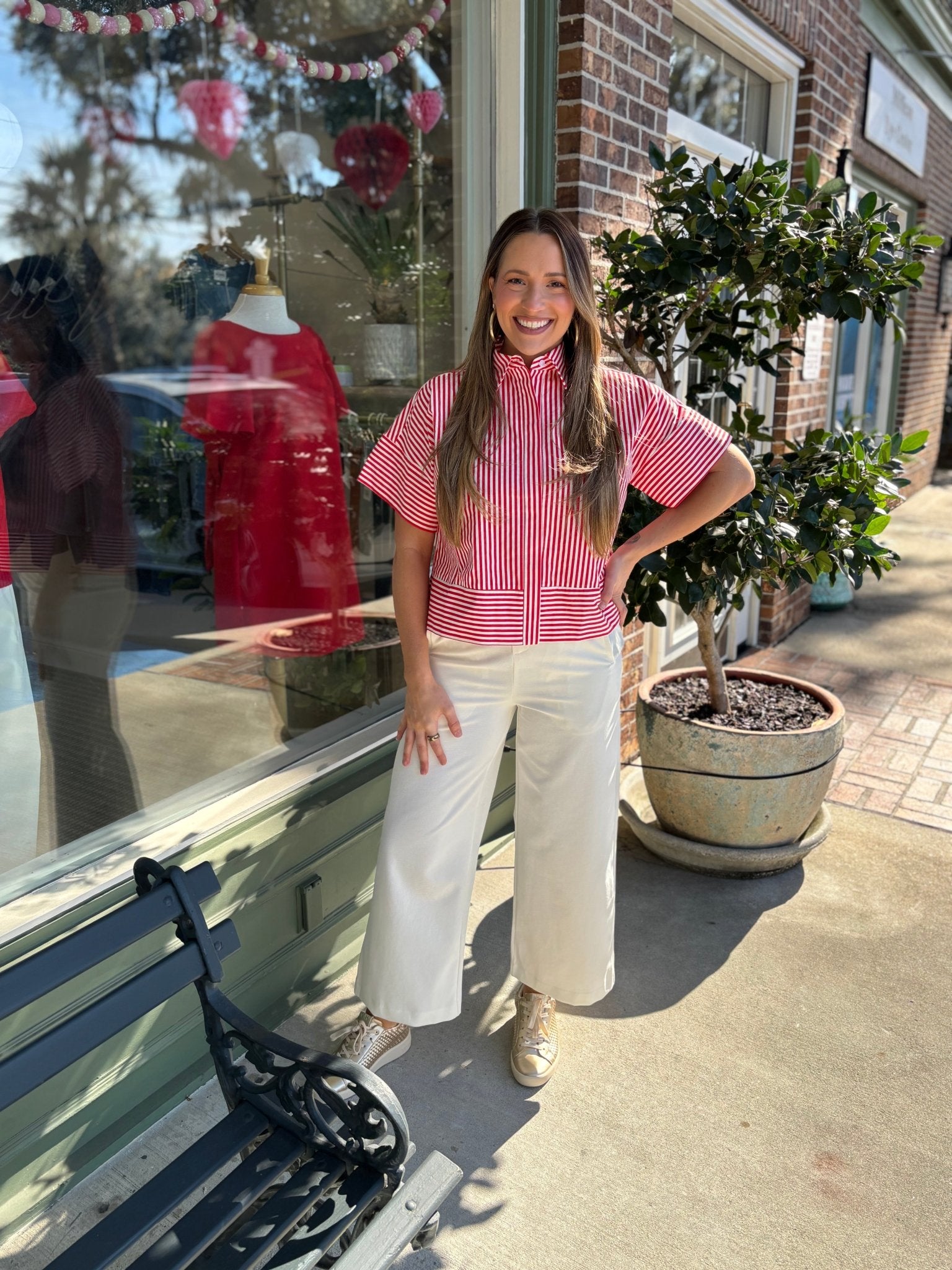 Striped Short Sleeve Button Down Top - Red - KJ Clothier