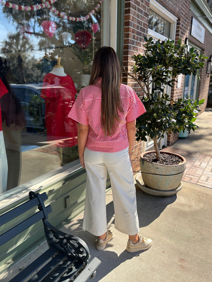 Striped Short Sleeve Button Down Top - Red - KJ Clothier
