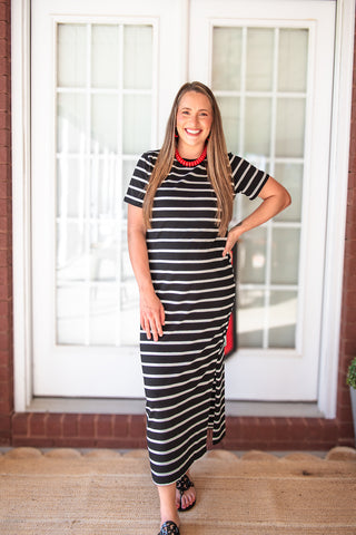 Cotton Striped Maxi Dress - Black & White