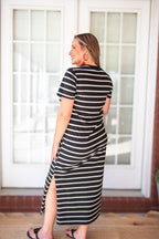 Cotton Striped Maxi Dress - Black & White