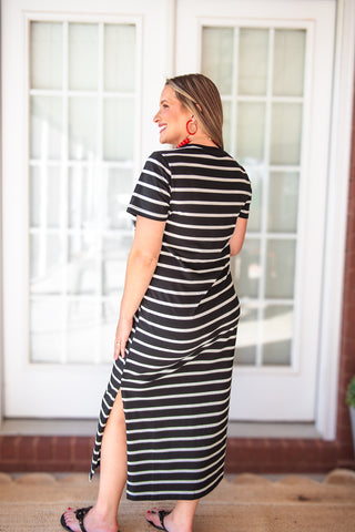 Cotton Striped Maxi Dress - Black & White