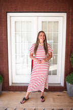 Cotton Striped Maxi Dress - Red & White