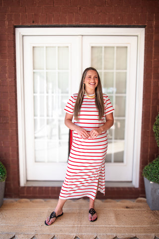 Cotton Striped Maxi Dress - Red & White
