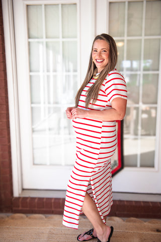 Cotton Striped Maxi Dress - Red & White