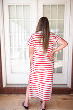 Cotton Striped Maxi Dress - Red & White